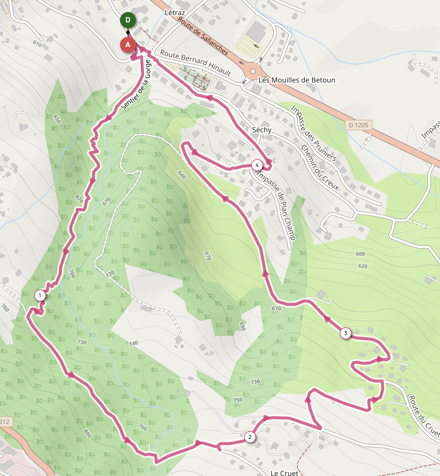 LE CRUET PAR LE SENTIER DE LA GORGE — carte